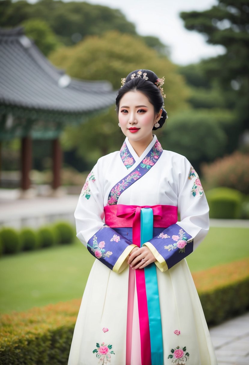 A bride in a traditional Korean hanbok, adorned with delicate embroidery and vibrant colors, standing in a serene garden setting