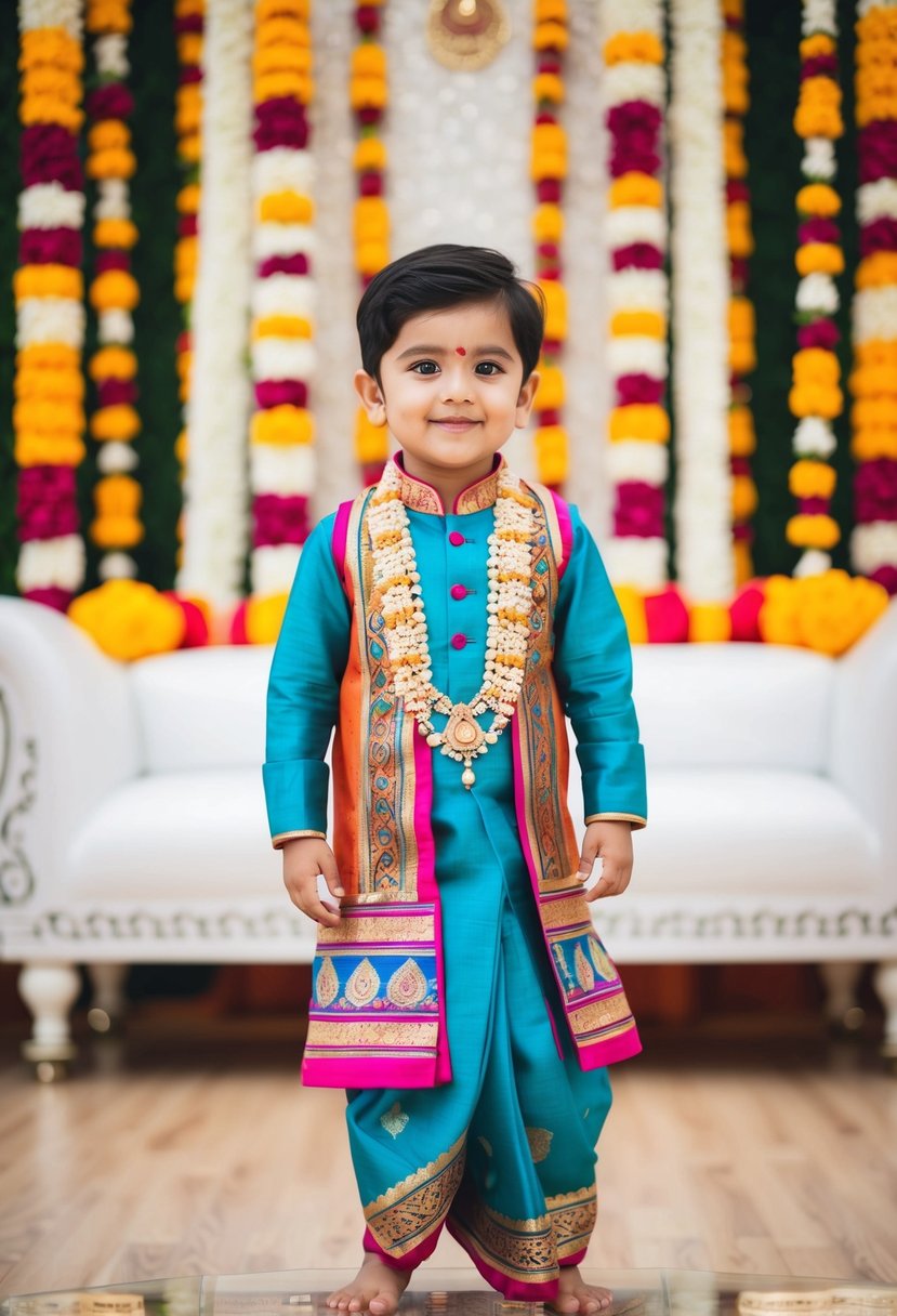 A young child wearing a vibrant dhoti kurta, adorned with intricate patterns and bright colors, standing in front of a traditional Indian wedding backdrop