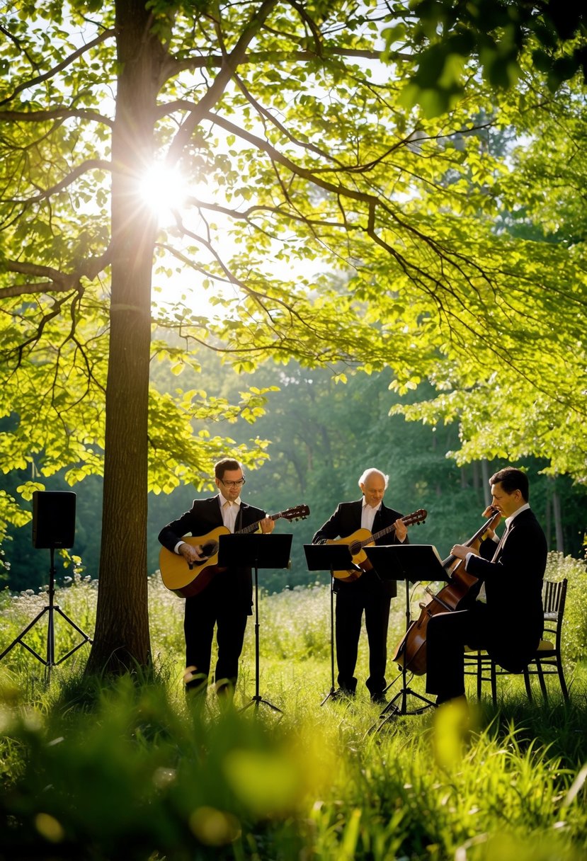 Sunlight filters through the leaves as musicians play under the canopy of trees, surrounded by nature at a woodland wedding