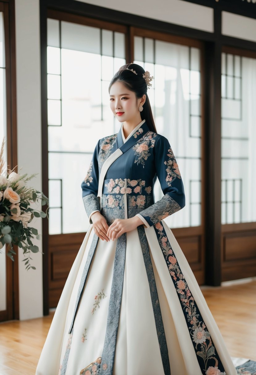 A modern fusion gown with traditional Hanbok elements, featuring intricate embroidery and flowing silhouettes, inspired by elegant Korean wedding dress ideas