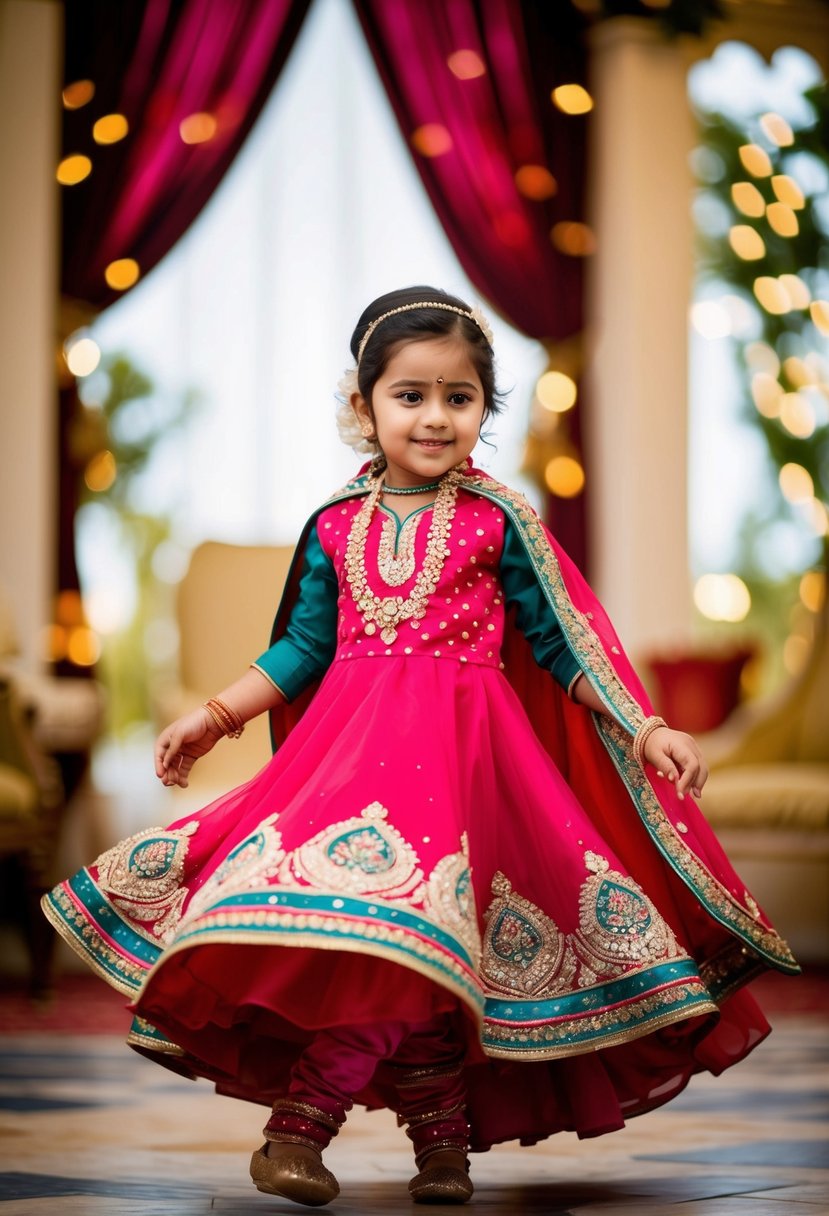 A young child twirls in a vibrant cape dress, adorned with intricate Indian wedding-inspired designs