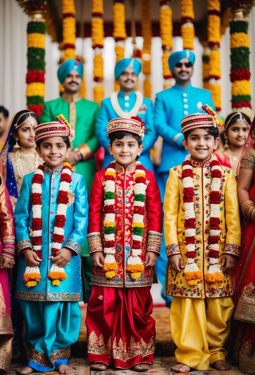 A group of kids in colorful Bandhgala outfits at an Indian wedding, with vibrant patterns and intricate embroidery, surrounded by traditional decorations