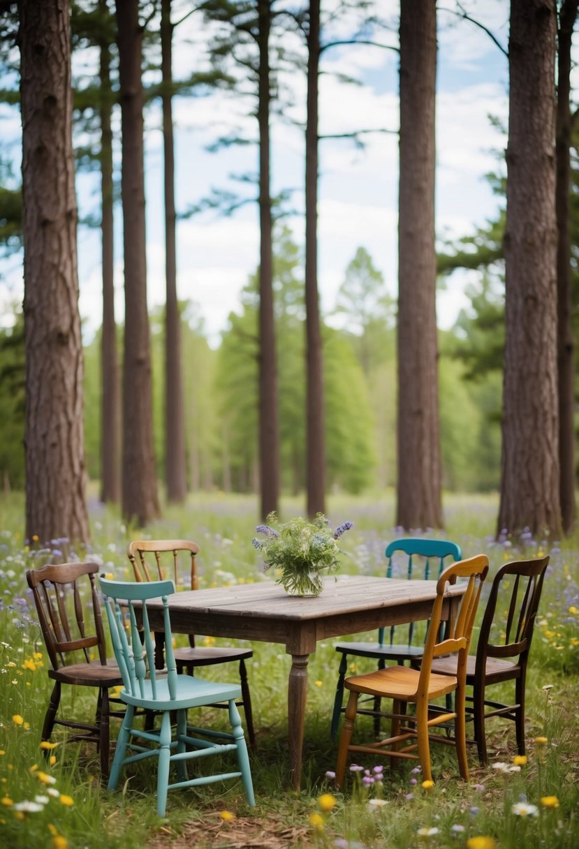 Mismatched vintage chairs arranged around a rustic wooden table in a woodland clearing, adorned with wildflowers and surrounded by tall trees