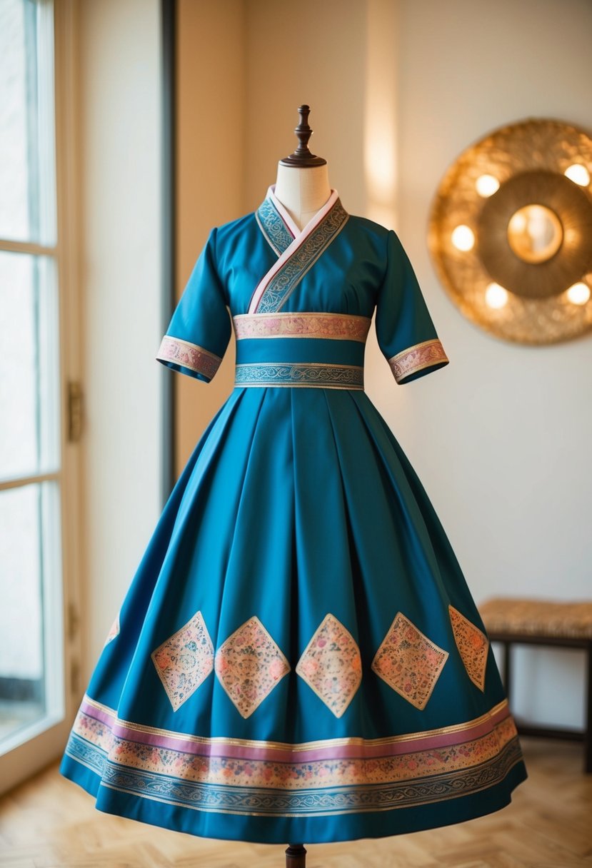 An elegant A-Line dress with traditional Korean patterns displayed on a mannequin in a softly lit room