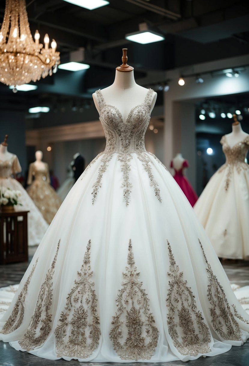 A classic ball gown with intricate embroidered details, inspired by elegant Korean wedding dress designs, flowing gracefully on a mannequin