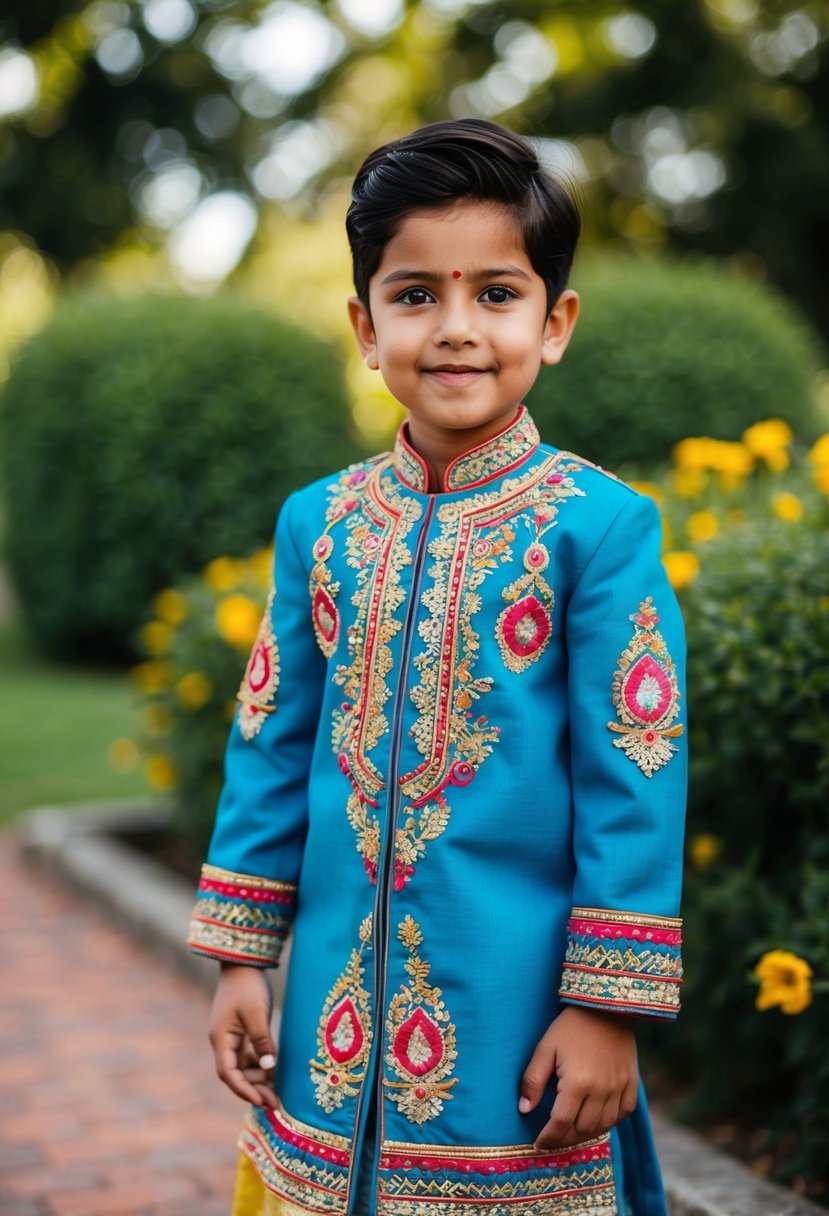 A colorful co-ord set with intricate embroidery and traditional Indian motifs, perfect for a kids' wedding outfit