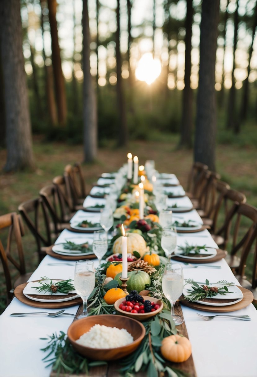 A rustic outdoor wedding banquet with local, seasonal produce and woodland decor