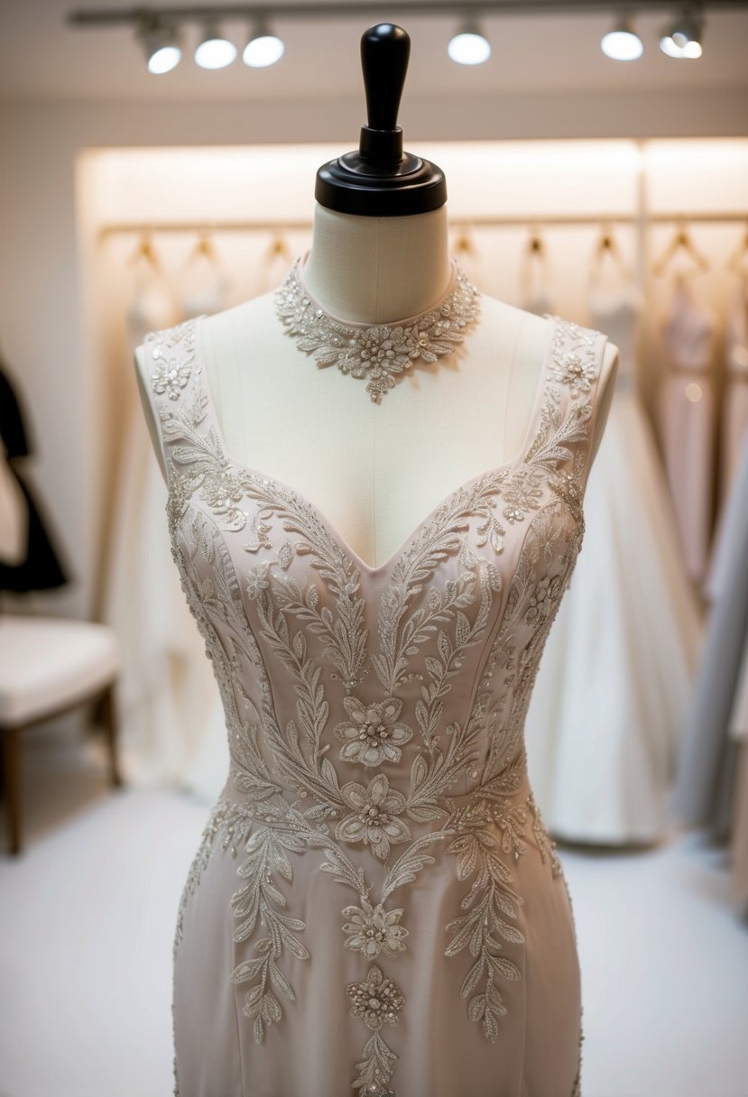 A sheath dress with intricate Korean embroidery displayed on a mannequin in a softly lit bridal boutique