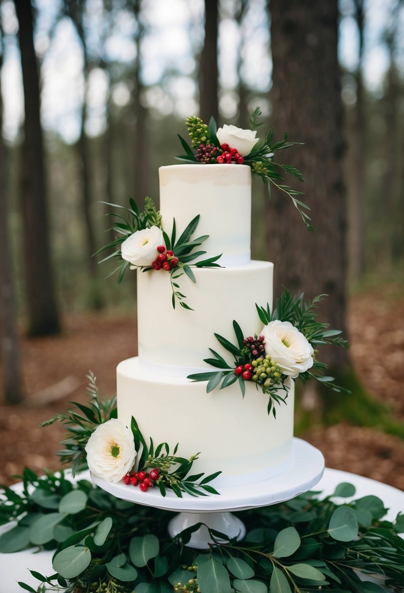 A three-tiered wedding cake adorned with green foliage, berries, and flowers, set against a woodland backdrop