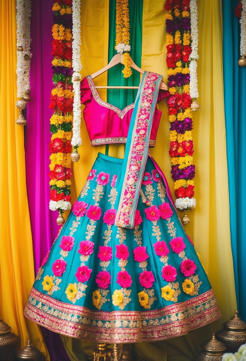 A colorful floral lehenga displayed on a hanger, surrounded by vibrant fabrics and traditional Indian wedding decor