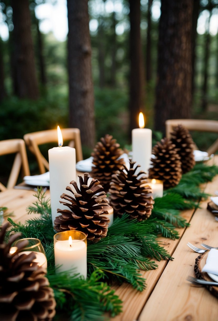 Pine cones arranged on wooden table with greenery and candles for a rustic woodland wedding setting