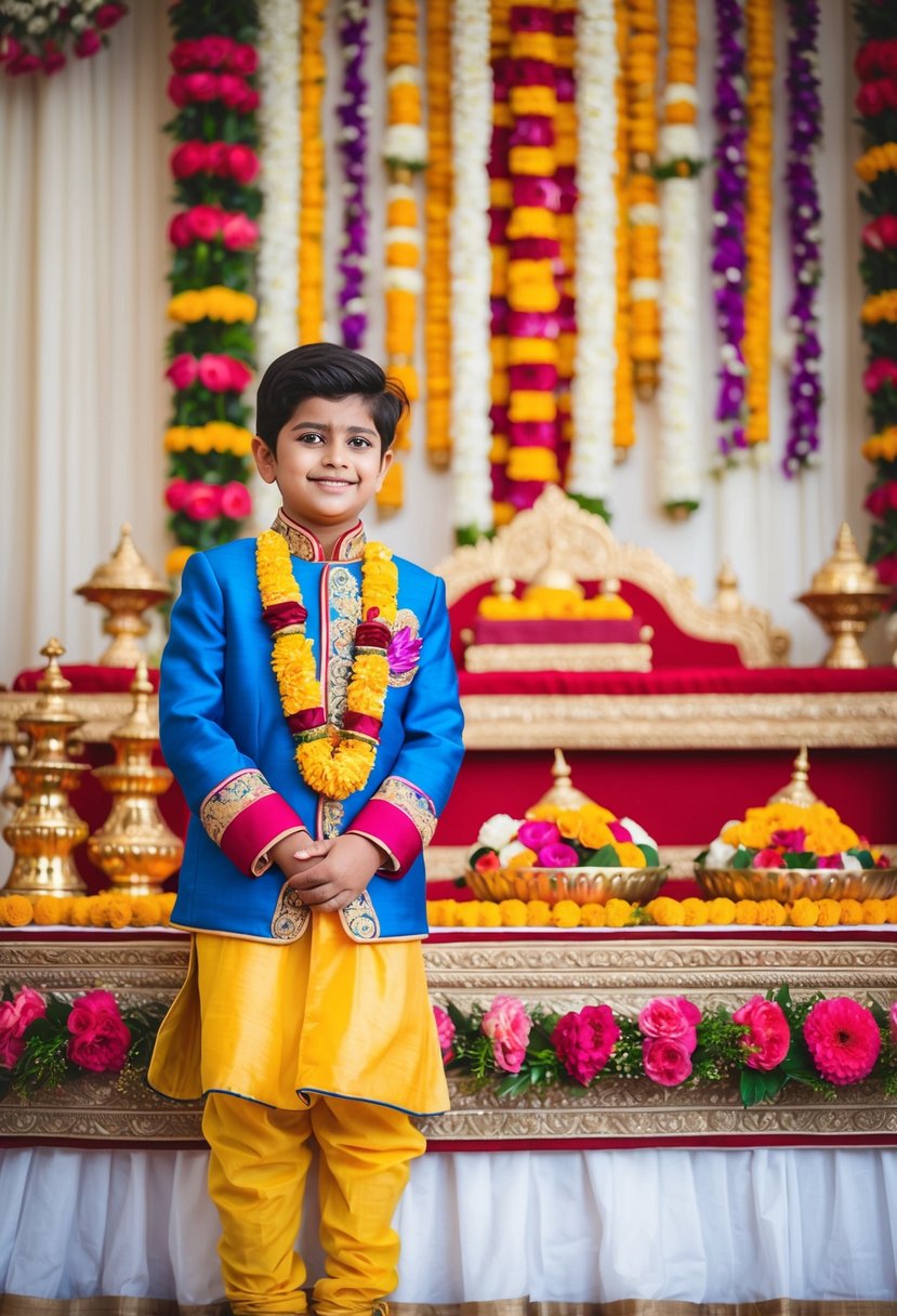 A young boy in a colorful Jodhpuri suit stands beside a traditional Indian wedding altar, adorned with vibrant flowers and decorative fabrics