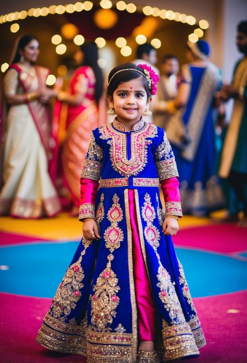 A young child wearing a vibrant and ornate Indo-Western dress, adorned with intricate embroidery and sparkling embellishments, standing in a festive Indian wedding setting