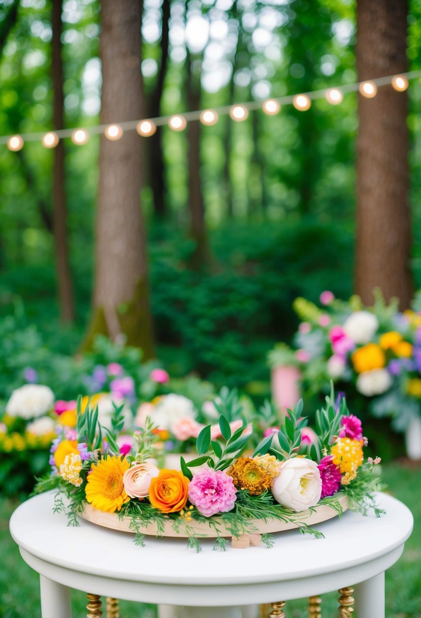 A whimsical flower crown station with an array of colorful blooms and greenery, set against a backdrop of lush woodland scenery