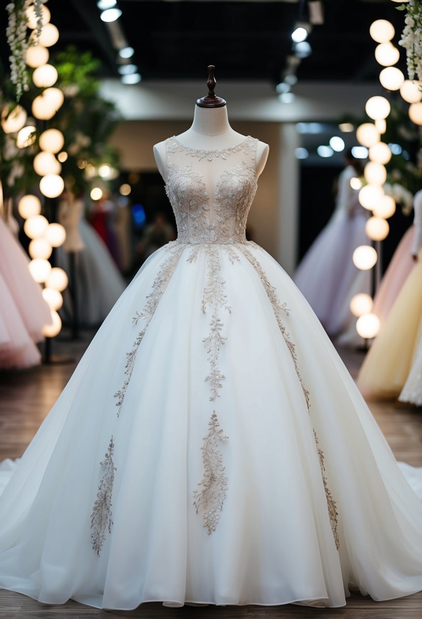 A ball gown with an illusion neckline and Korean flare, adorned with intricate embroidery and delicate lace details, flowing gracefully on a mannequin