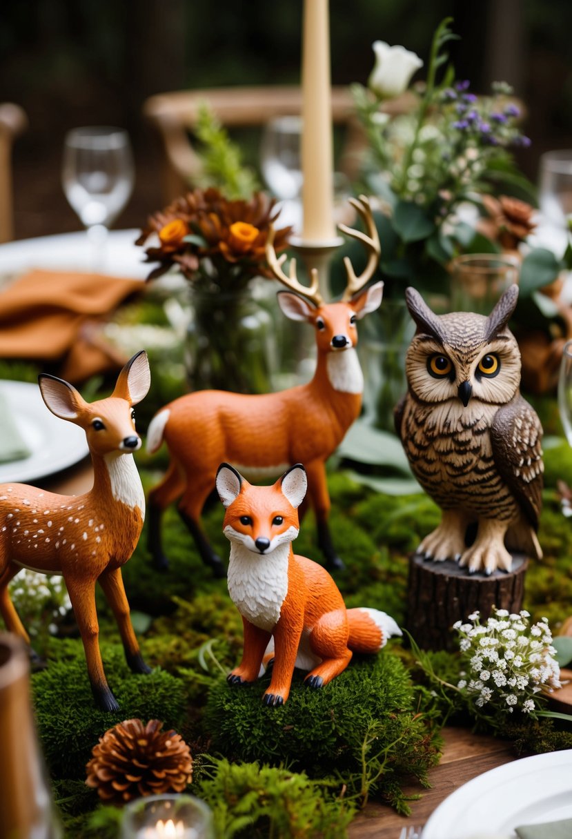 Forest animal figurines adorn the tables, nestled among moss and wildflowers. A deer, fox, and owl stand among the rustic decor, adding a whimsical touch to the woodland wedding