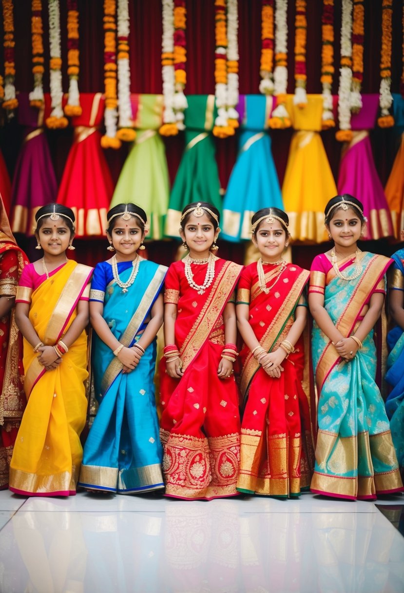 A group of colorful and ornate children's sarees arranged on display at an Indian wedding