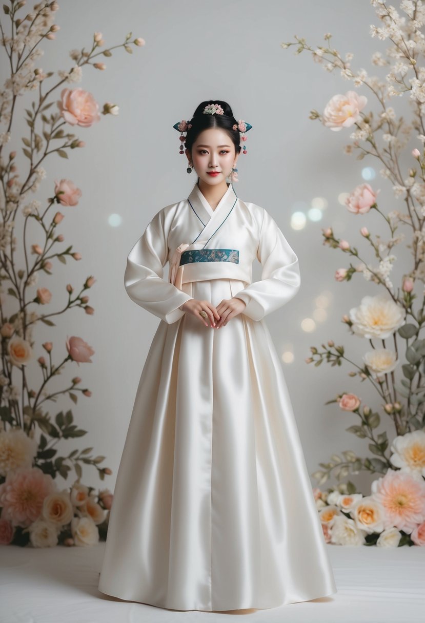 A minimalist satin dress with traditional Korean accessories, set against a backdrop of elegant floral motifs and delicate embroidery