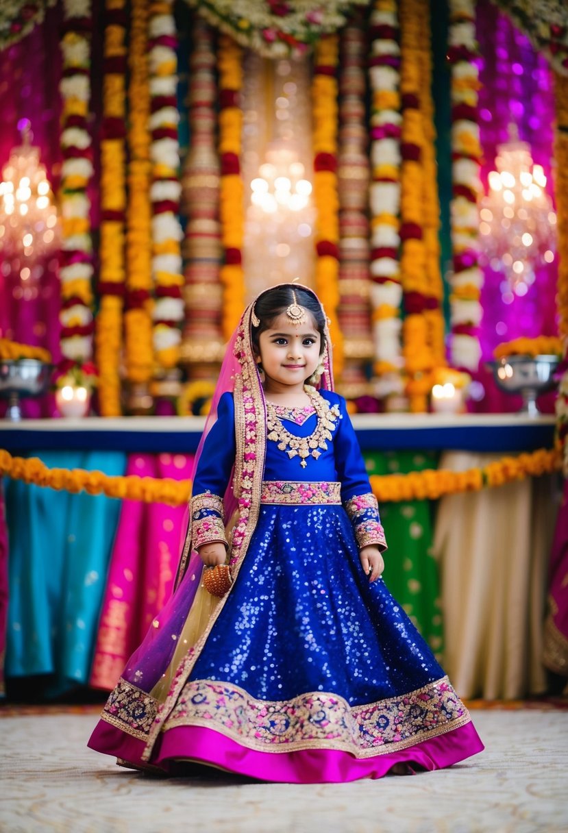 A vibrant sequin gown for a child at an Indian wedding, adorned with intricate embroidery and delicate beading, set against a backdrop of colorful textiles and ornate decorations