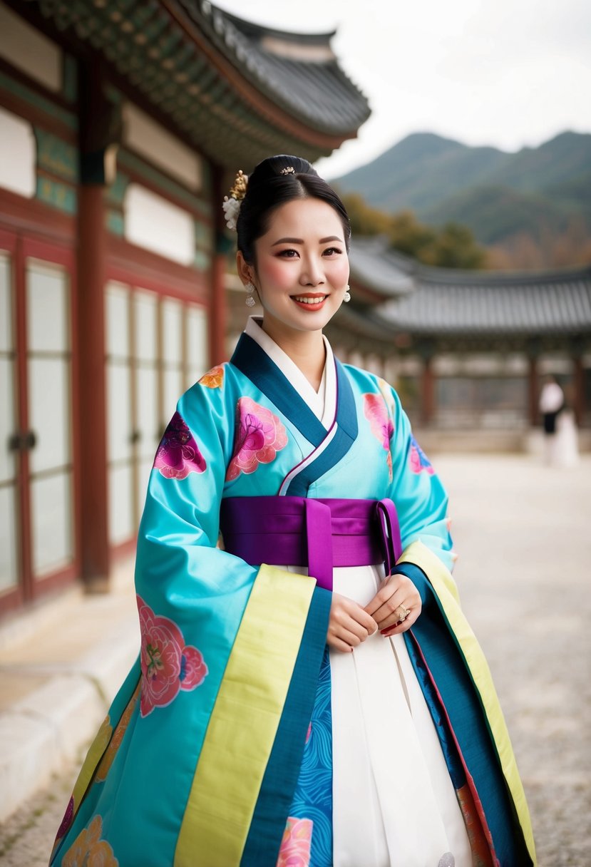 A bride wearing a vibrant, modern hanbok-inspired wedding dress, with bold colors and intricate patterns, standing in a traditional Korean setting