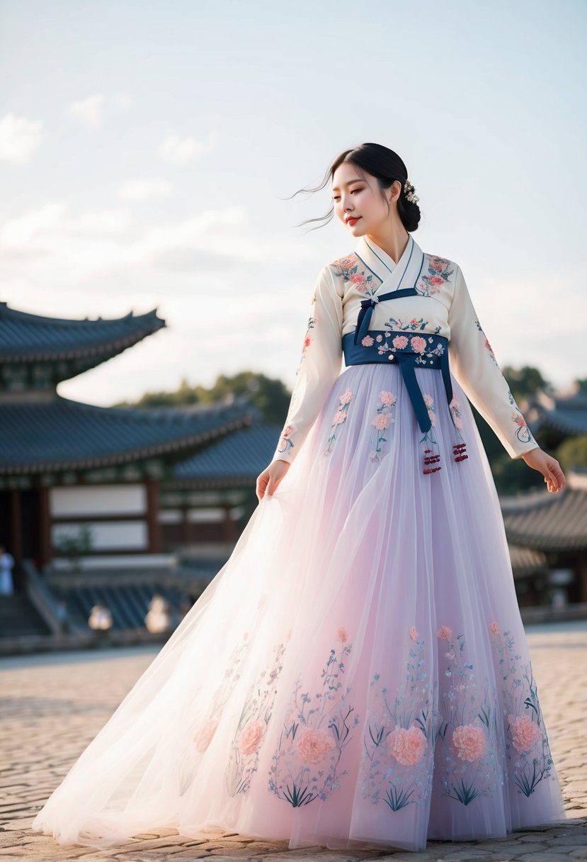 A long tulle skirt with a hanbok-inspired bodice, adorned with intricate embroidery and delicate floral patterns, flowing gracefully in the wind