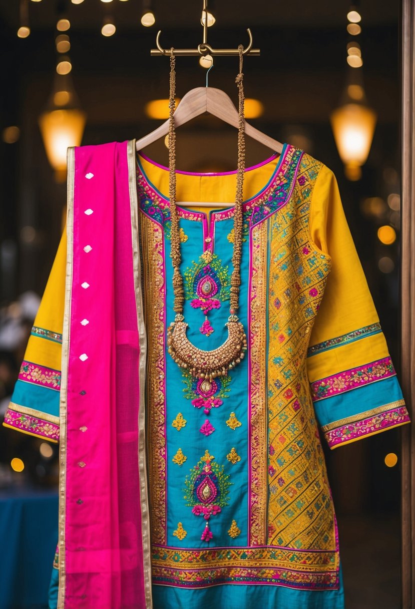 A colorful embroidered kurta with intricate patterns and vibrant colors, paired with traditional Indian jewelry and accessories, displayed on a hanger