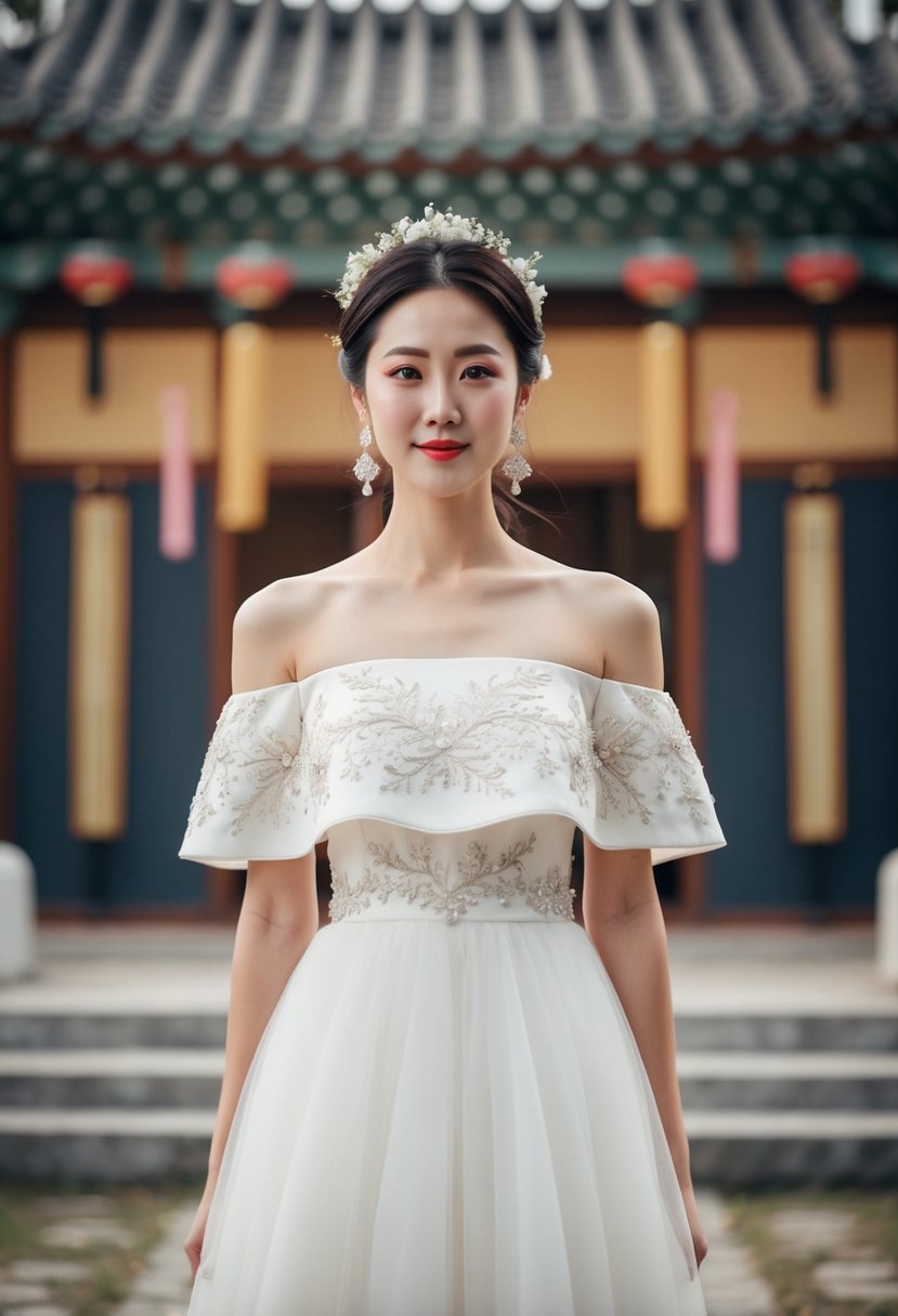 An off-shoulder dress with delicate embroidery, set against a backdrop of traditional Korean wedding elements