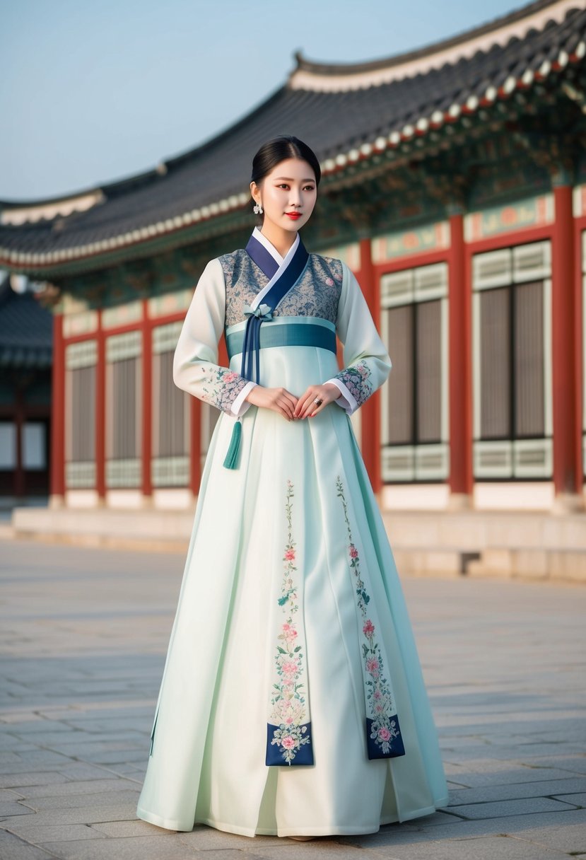 A floor-length dress with a modern Hanbok accent, featuring intricate embroidery and delicate layers, set against a backdrop of traditional Korean architecture