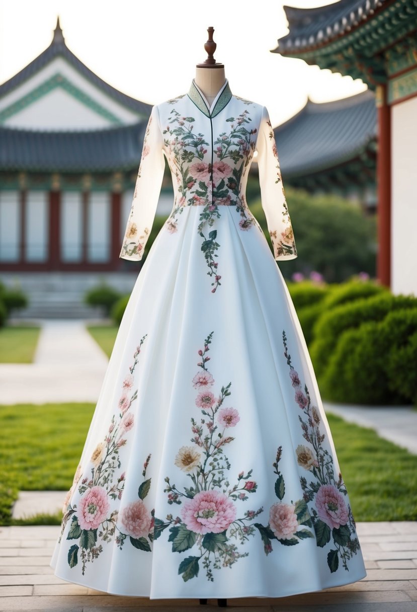 A tea-length dress adorned with intricate Korean floral details, set against a serene backdrop of traditional Korean architecture and lush gardens