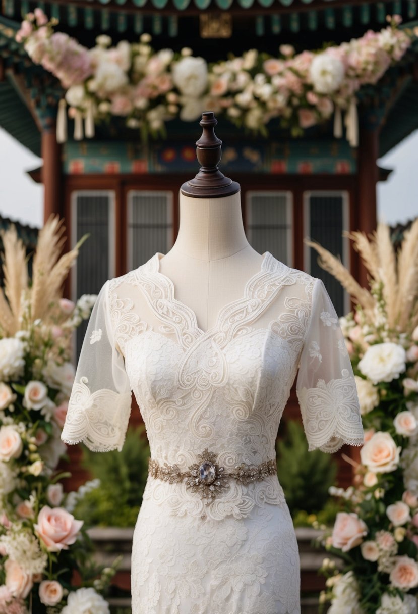 A mannequin adorned in a romantic lace dress with intricate Korean brocade, surrounded by delicate floral accents and traditional Korean wedding decor