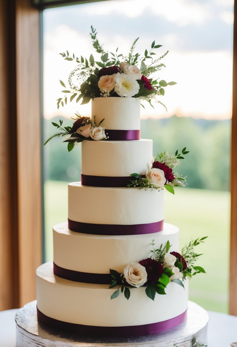 A tiered wedding cake with floral and greenery topper