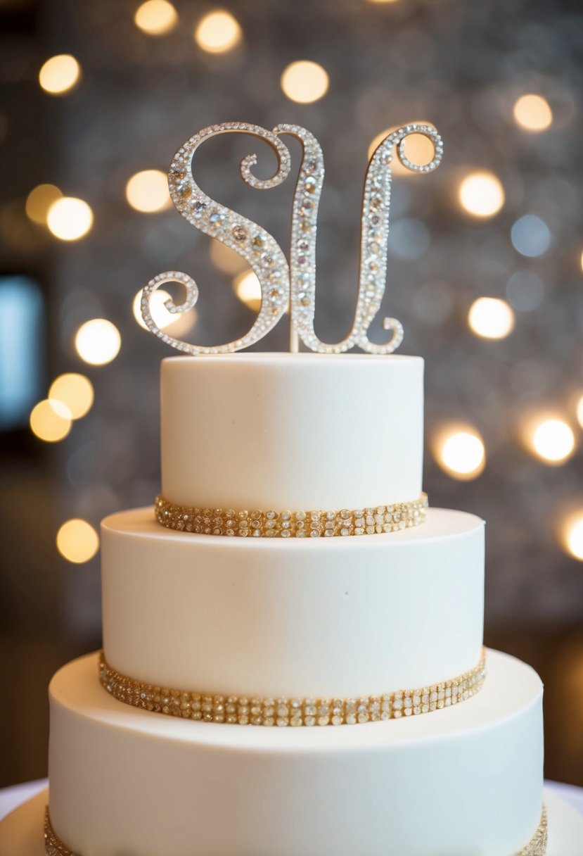 A sparkling, ornate initial topper adorns a tiered wedding cake