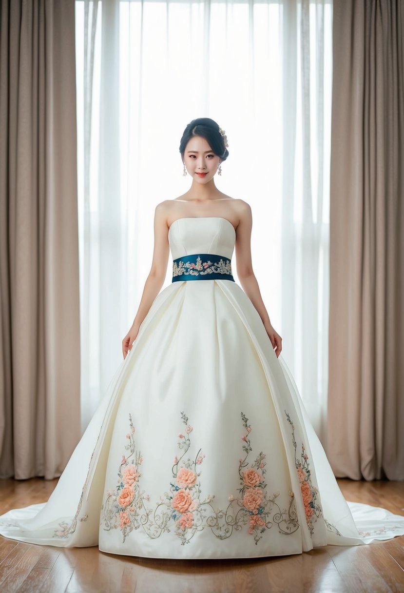 A bride stands in a strapless gown with a hanbok-inspired waistband, exuding elegance and grace. The dress features intricate embroidery and flowing fabric, creating a stunning silhouette