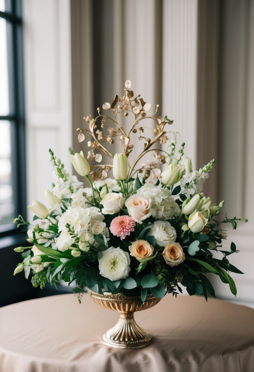 A lush bouquet of elegant flowers arranged in a decorative topper