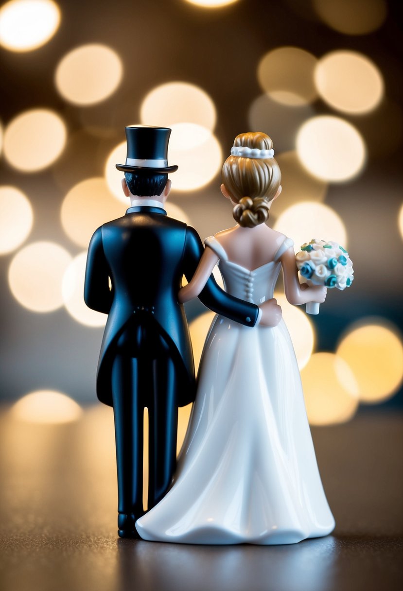 A comical bride and groom figurine standing back to back, with the bride holding a bouquet and the groom wearing a top hat