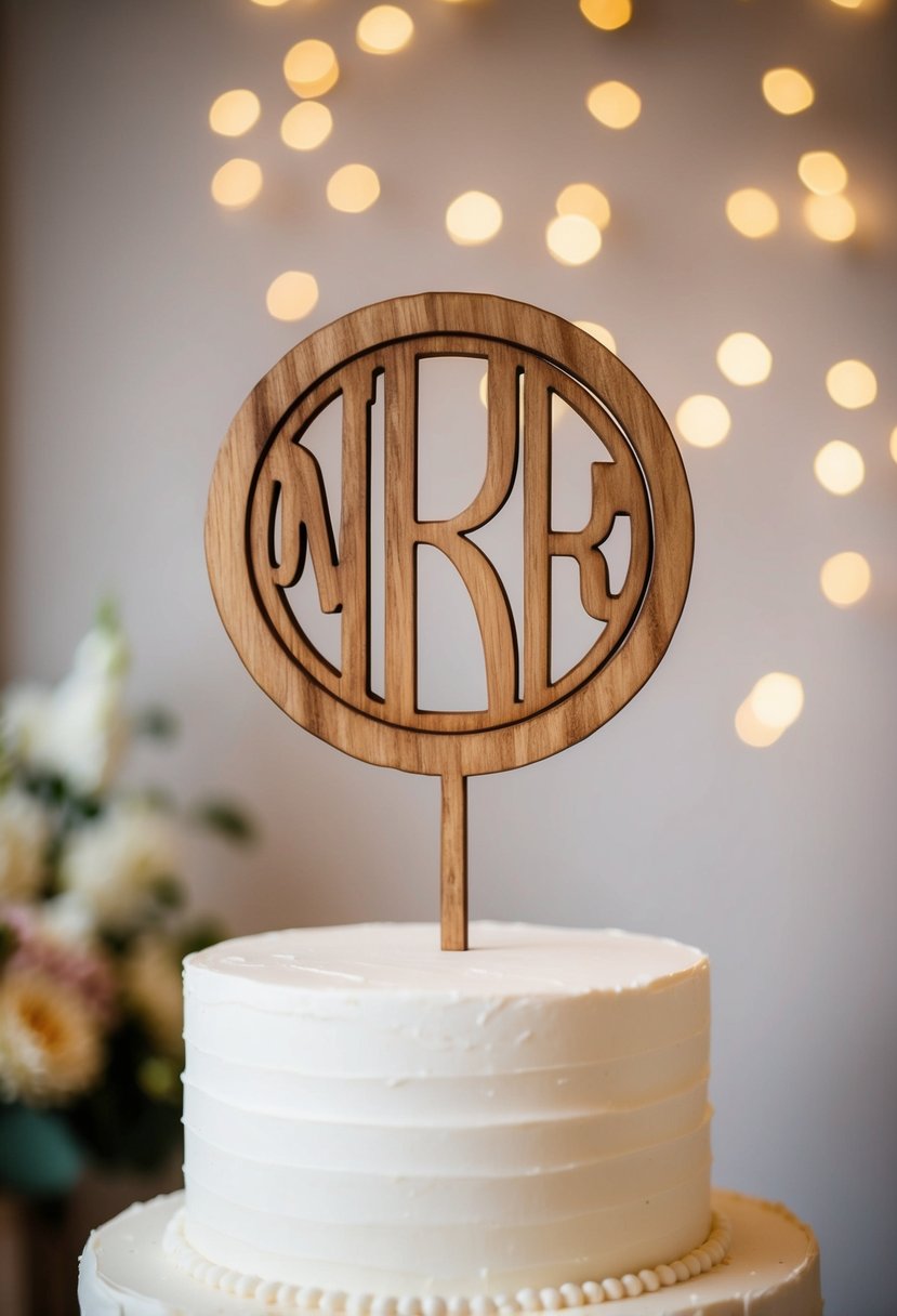 A rustic wooden monogram topper sits atop a simple white wedding cake