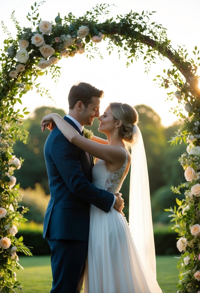 A loving couple's silhouette embraced under a delicate arch of flowers and greenery