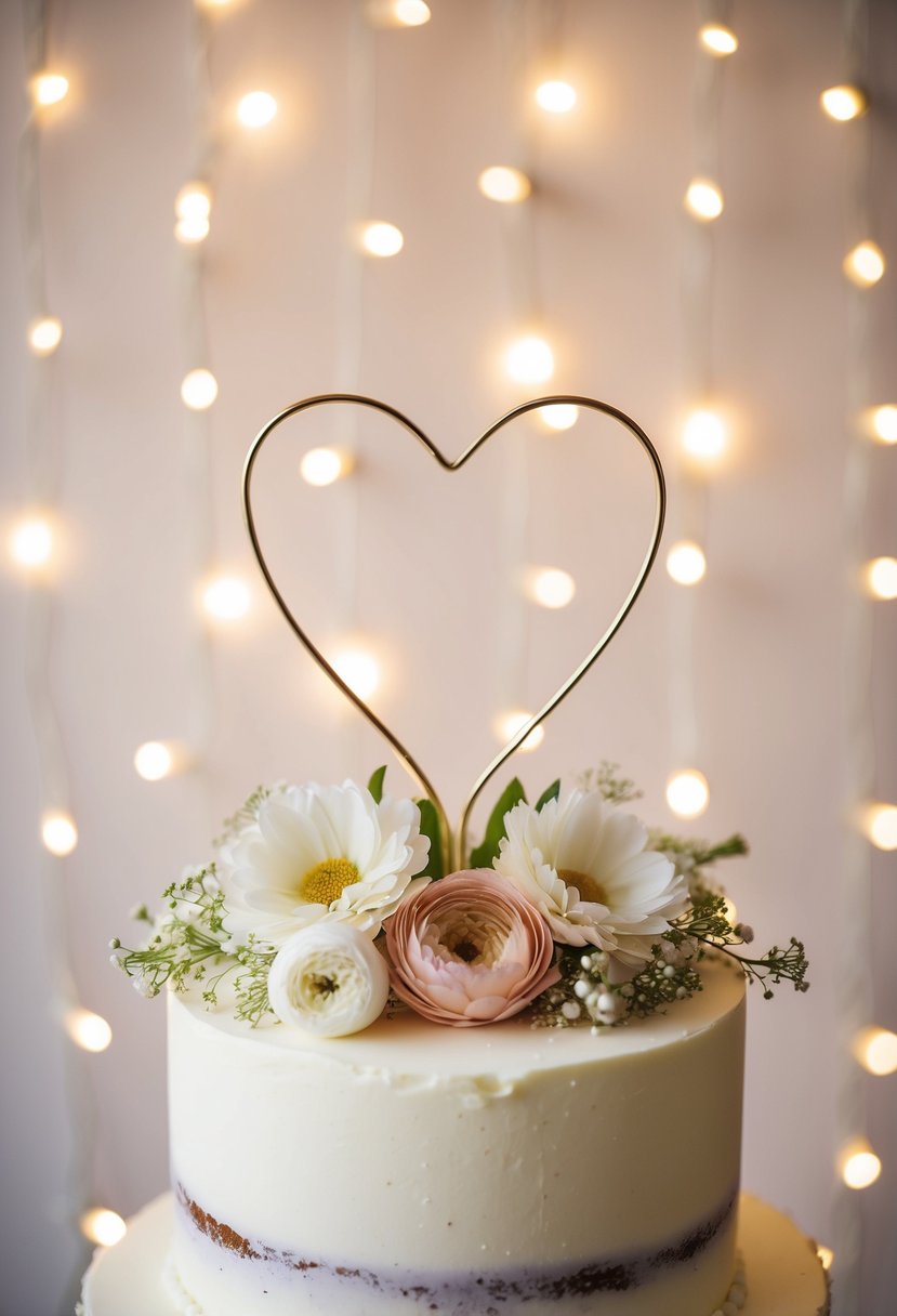 A heart-shaped cake topper surrounded by delicate flowers and twinkling fairy lights