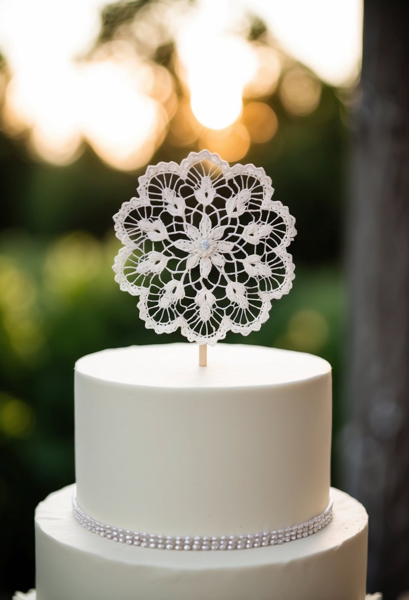 A delicate lace topper adorns a vintage wedding cake