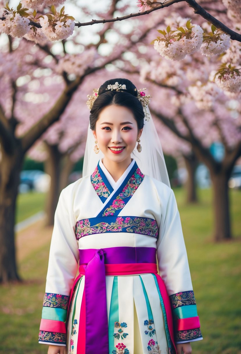 A bride wearing a traditional Korean wedding dress with intricate embroidery and vibrant colors, surrounded by cherry blossom trees