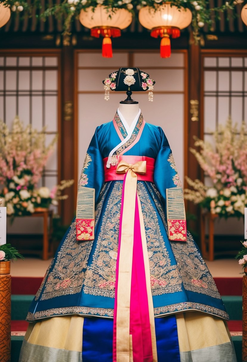 A classic Hanbok with intricate beaded embroidery displayed on a mannequin, surrounded by traditional Korean wedding decor