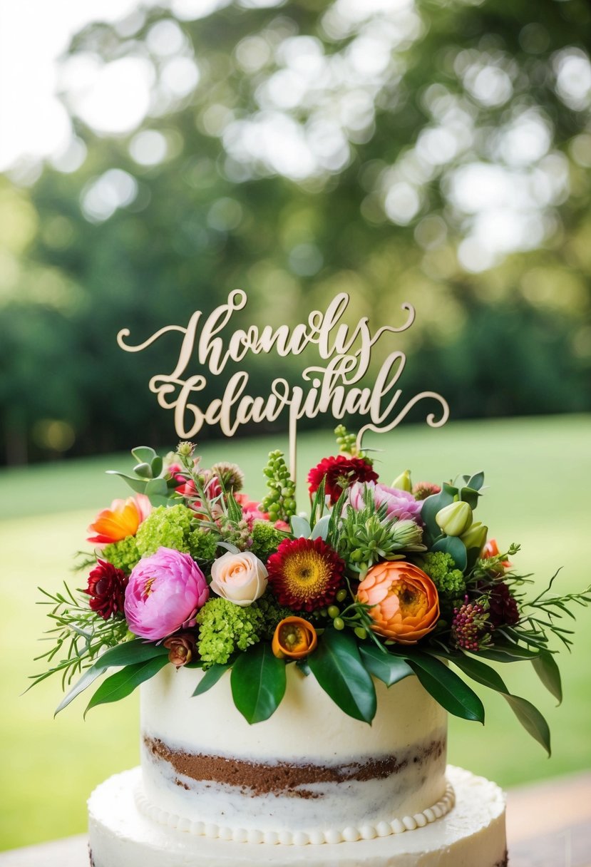 A lush, colorful floral arrangement sits atop a wedding cake, featuring seasonal blooms and greenery in a beautiful topper design