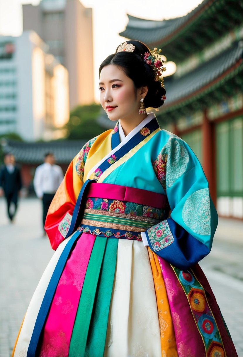 A modern Hanbok wedding dress featuring mixed fabrics in vibrant colors, with intricate embroidery and bold patterns