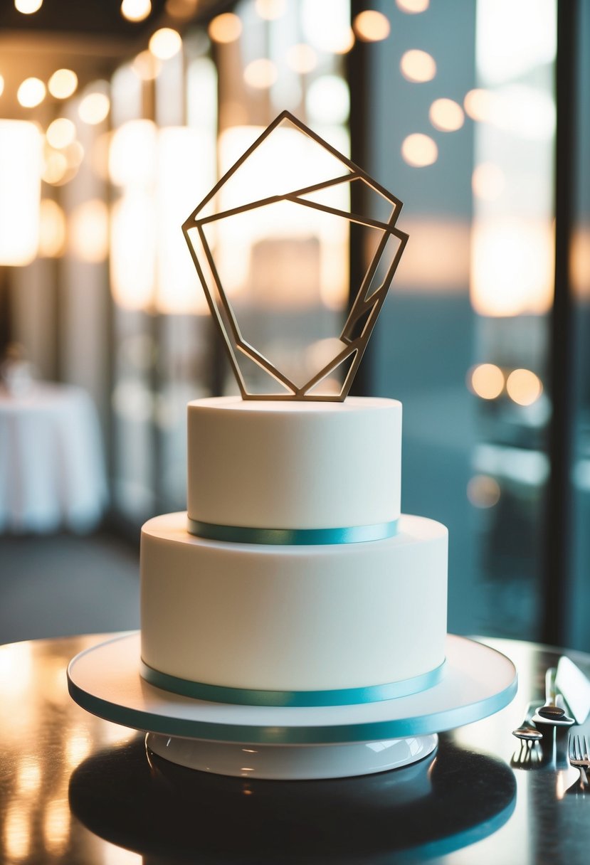 A sleek, geometric wedding cake topper featuring clean lines and modern design