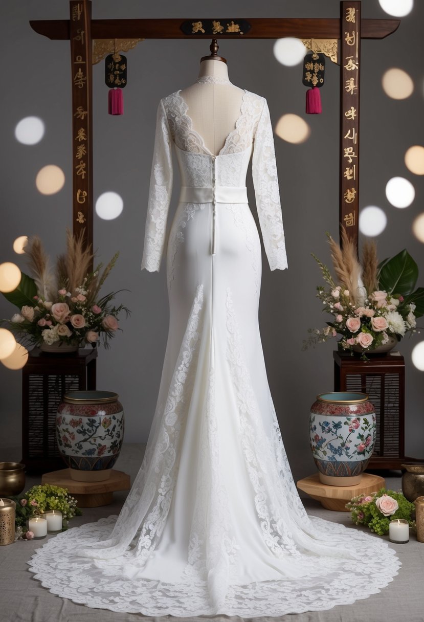 A lace long sleeve fusion gown draped on a mannequin, surrounded by Korean wedding decor and traditional elements