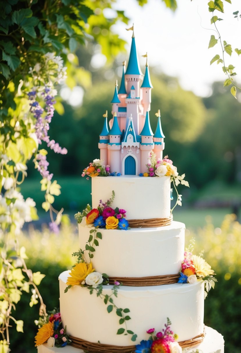 A whimsical fairy tale castle perched atop a tiered wedding cake, surrounded by colorful flowers and delicate vines