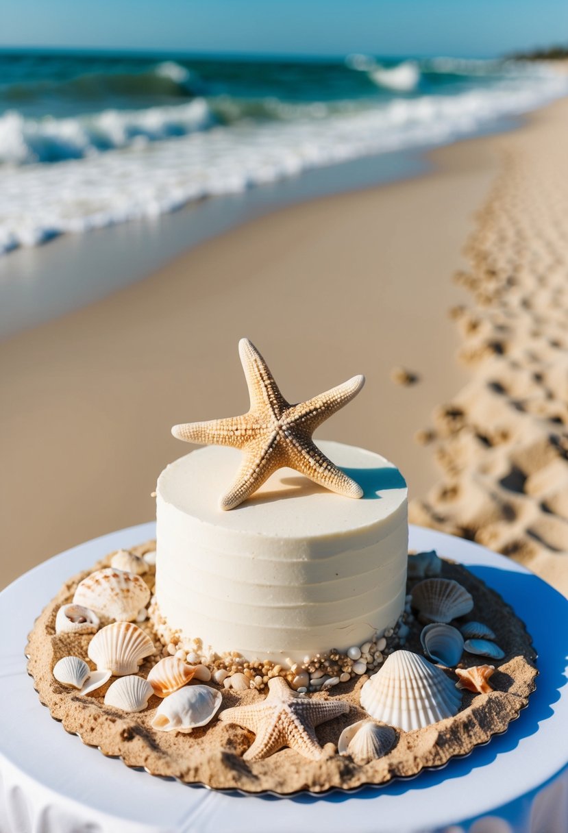 A sandy beach with waves rolling in, a starfish resting on top of a wedding cake, surrounded by seashells and ocean-inspired decor