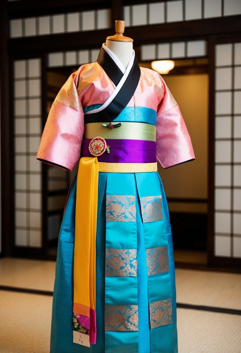 A traditional Hanbok with a colorful sash displayed on a mannequin