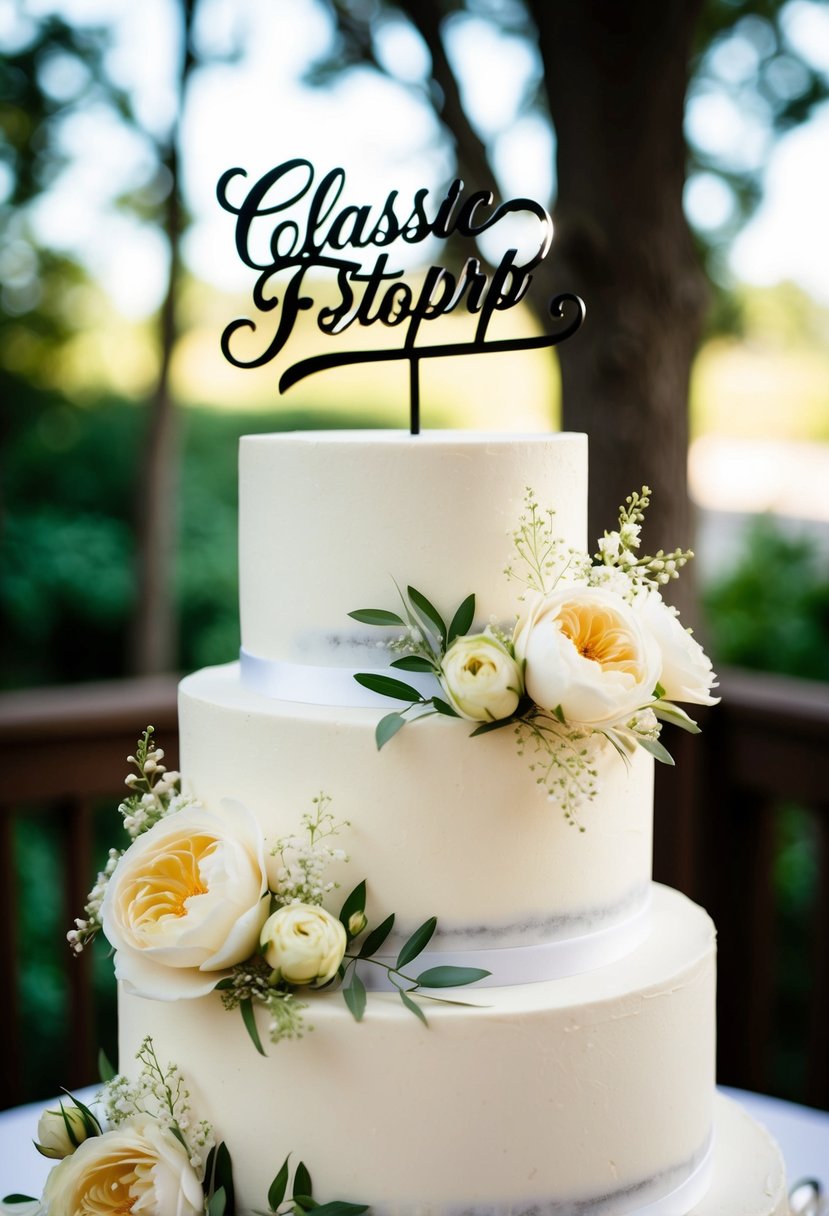 A classic script topper atop a tiered wedding cake, surrounded by delicate floral decorations