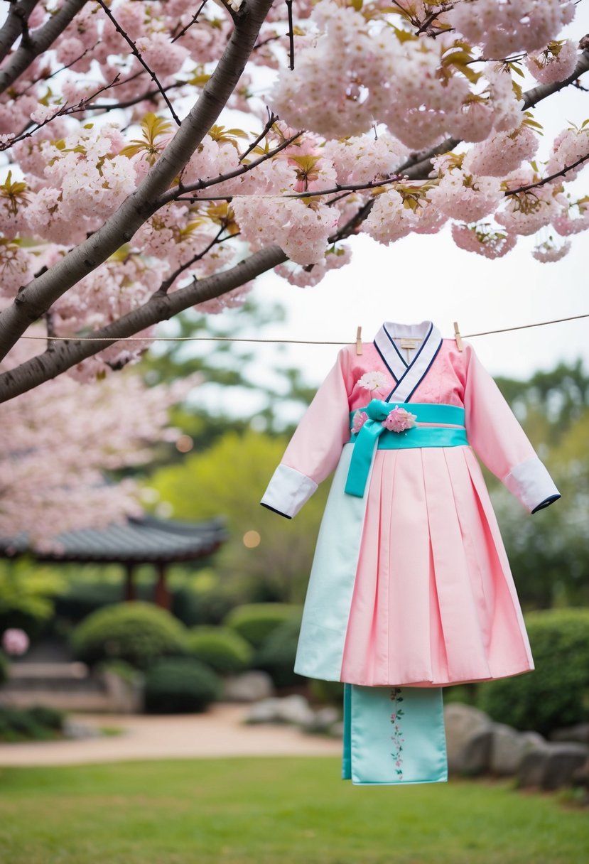 A blossoming cherry blossom tree with a pastel pink hanbok hanging on a clothesline in a serene garden